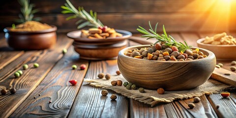 Aromatic Pet Food Mix in Rustic Wooden Bowl with Herbs
