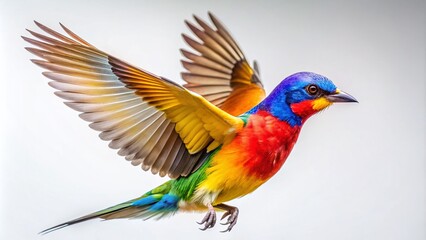 Fototapeta premium Colorful Bird in Flight, White Background, Avian Photography, Bird Image, Flying Bird, Bright Bird, Wildlife Photo