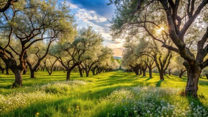 Fototapeta premium Serene Sunset in an Orchard of Blossoming Trees with Wildflowers