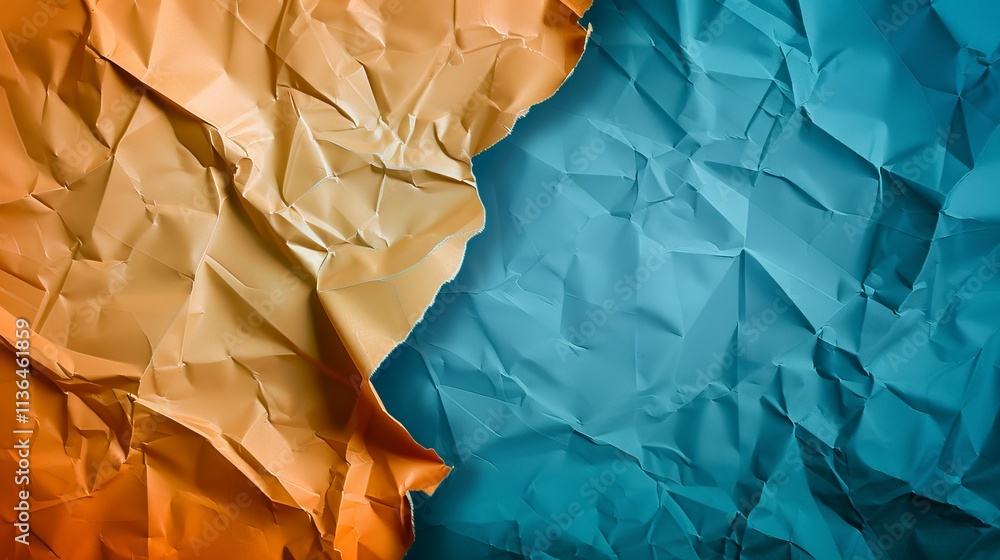 Poster crumpled textured paper in vibrant orange and teal colors, creating a dynamic contrast and an abstra
