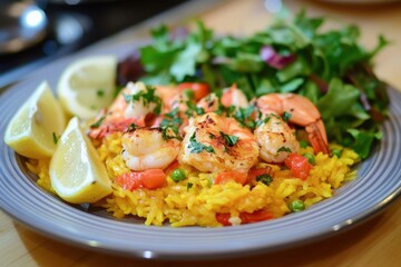 A colorful plate featuring shrimp, rice, and a fresh salad with lemon wedges.