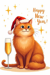 Illustration of a Persian red cat with a flattened face in a Santa Claus hat sitting next to a glass of champagne on a festive table. Happy New Year inscription . The picture does not go beyond the fr