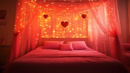 Romantic bedroom setup with pink lights and heart decorations