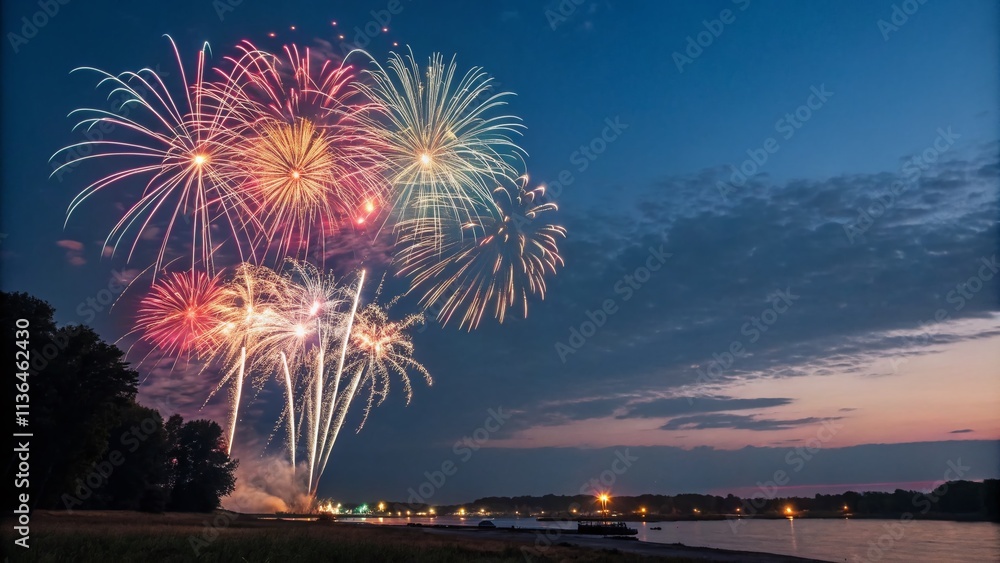 Poster colorful fireworks display in flat design - top view celebration theme for festive events with copy 