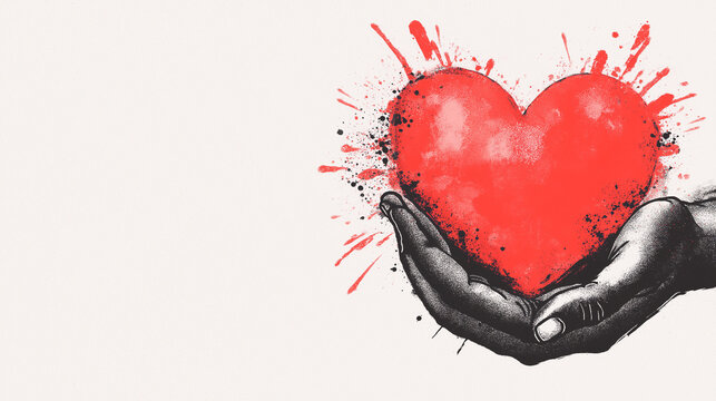Heartfelt Generosity: A pair of hands gently cradles a vibrant, painted heart, encircled by expressive splatters of color. This evocative image symbolizes compassion, love.