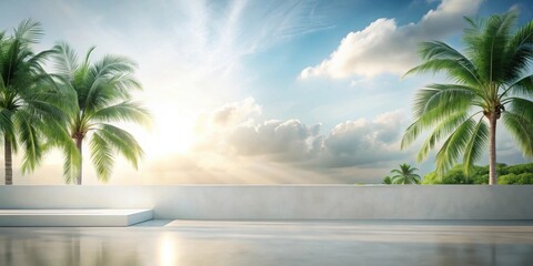 Fototapeta premium Serene Sunrise Vista Empty Platform with Tropical Palm Trees and Sunny Sky