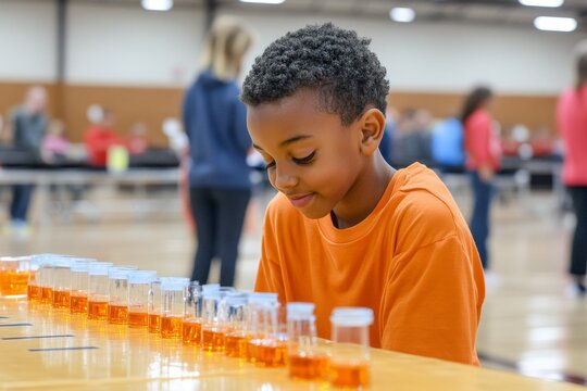 A science fair in a school gymnasium, with students presenting experiments and colorful project displays to judges and visitors