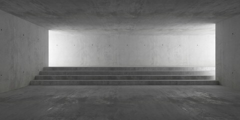 Abstract empty, modern concrete room with wide stairs in the back, indirect light and rough floor - industrial interior background template
