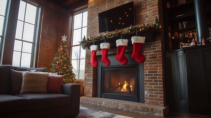 Red stockings with festive decorations hanging from a brick fireplace in a warm and inviting living room