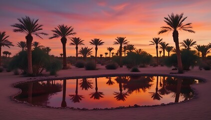 Obraz premium Sunset Oasis Palm Trees Reflecting In Water