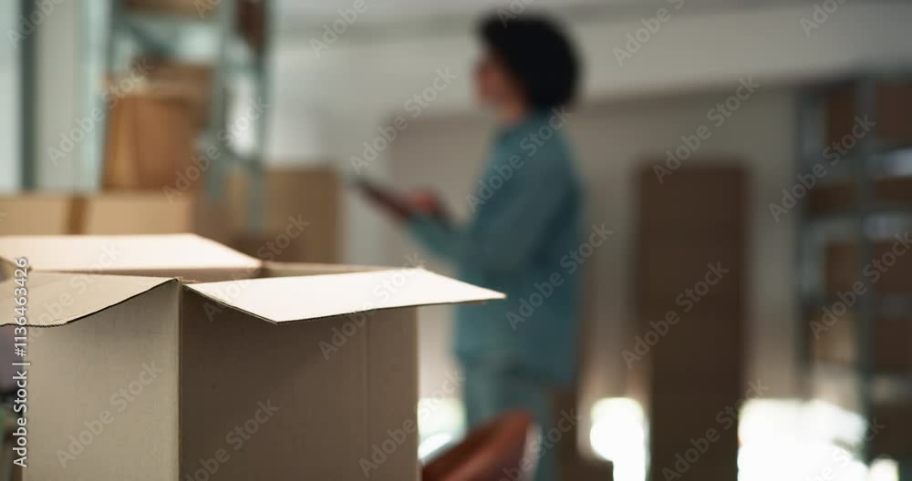 Poster boxes, inventory and man at small business with tablet, ecommerce and checking stock in warehouse. p