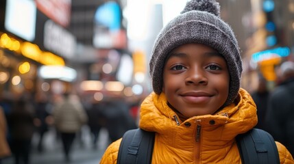 Happy Child. Smiling black boy in yellow jacket gray hat outdoor city