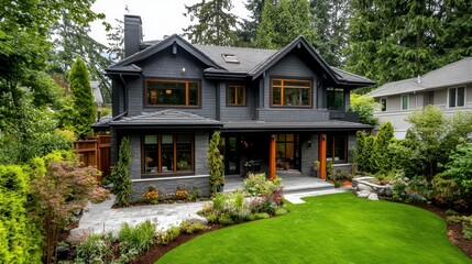 Modern Suburban Home Surrounded by Lush Green Landscaping