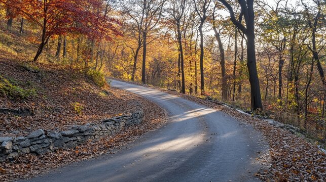 Autumn forest road, fall foliage, winding path, nature scenery, sunny day, colorful leaves, serene landscape, peaceful walk