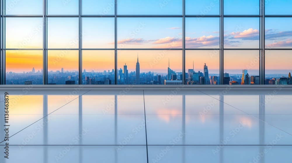 Poster a professional cleaner using a squeegee to clean a large glass window with a beautiful cityscape ref