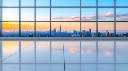 Fototapeta premium A professional cleaner using a squeegee to clean a large glass window with a beautiful cityscape reflected in it