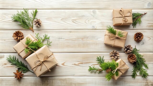 Rustic Holiday Gifts Arranged on Wooden Surface with Pine Cones and Greenery