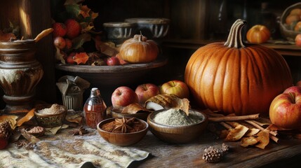 Autumn Harvest Still Life with Pumpkin, Apples, and Spices