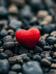Obraz premium Heart of Stone: A single, vibrant red heart rests upon a bed of smooth, dark stones, symbolizing love, hope, and resilience amidst adversity. The heart's shape is strikingly prominent.