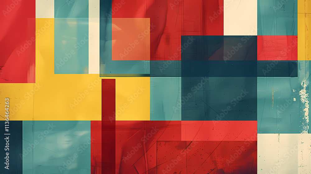 Poster abstract geometric composition: vibrant and layered interplay of red, yellow, teal, and dark teal re