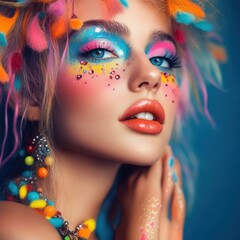 Fototapeta premium Portrait of a woman with vibrant, creative makeup and colorful accessories against a blue background.