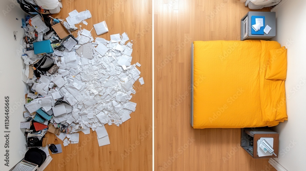 Poster a split-screen image showing a messy, cluttered room on one side and the same room spotlessly clean