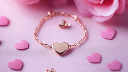 Fototapeta premium Romantic Heart Bracelet with Soft Pink Background and Flowers
