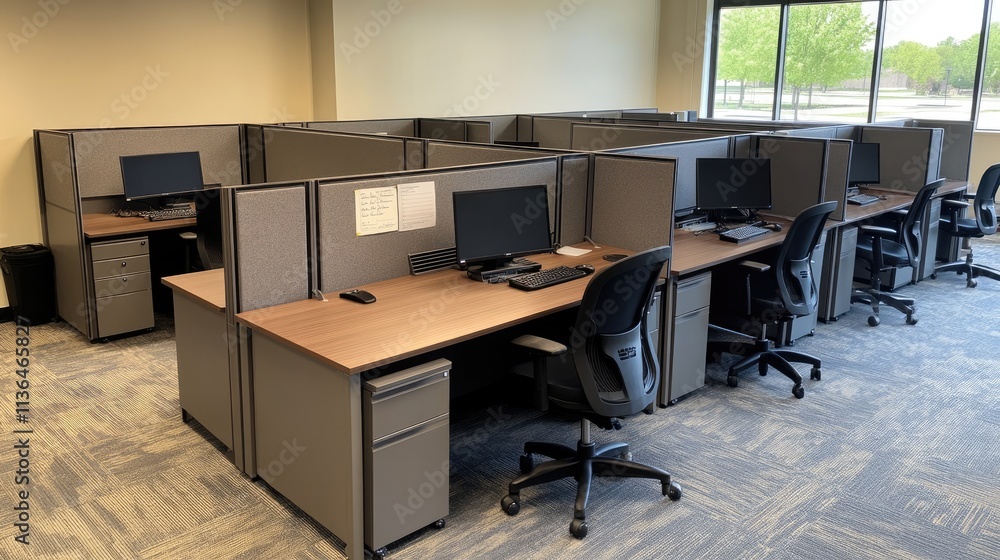 Poster modern office space with cubicles and computer workstations setup