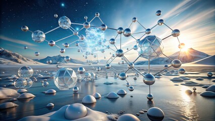 Frozen landscape with futuristic molecular structures reflecting in icy water at sunrise