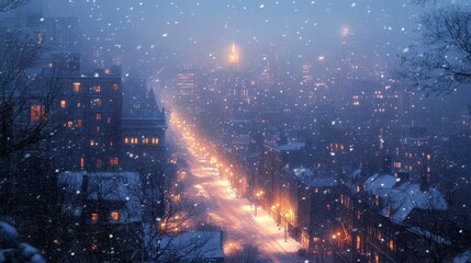 Fototapeta premium Snowy cityscape under the night sky, illuminated buildings, snowfall on urban streets, calm winter night scene