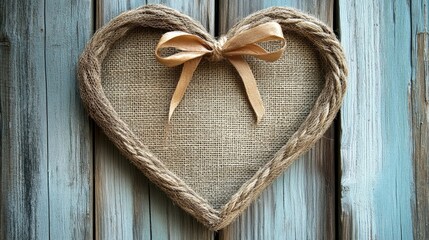 Fototapeta premium Rustic Heart Shaped Wall Decor with Burlap and Bow on Wooden Background