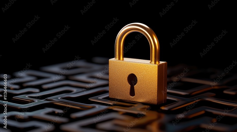 Poster security lock symbolizing protection in a digital labyrinth studio 3d render dark environment close-