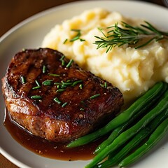 Seared steak with mashed potatoes and green beans.