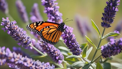 Obraz premium Monarch butterfly perched on lavender flowers, vibrant orange and black wings, summer nature scene, pollination, purple blossoms, wildlife photography, garden beauty, peaceful outdoor setting
