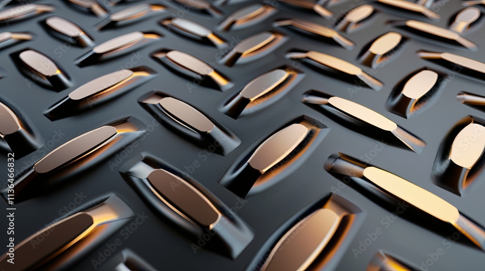 Poster close-up view of a textured metallic surface with shiny, raised ridges reflecting warm light, creati