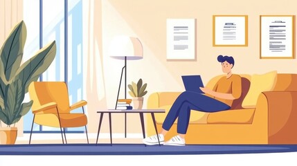 Cozy Living Room with Person Using Laptop in Bright Interior Space