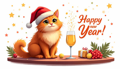 Illustration of a Persian red cat with a flattened face in a Santa Claus hat sitting next to a glass of champagne on a festive table. Happy New Year inscription . The picture does not go beyond the fr