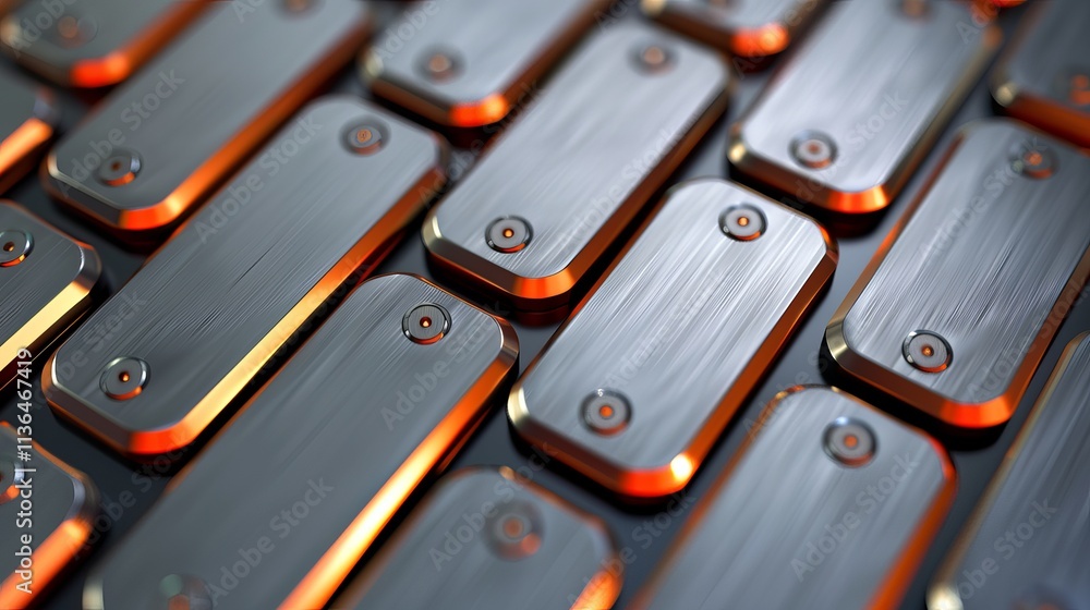 Poster close-up of metallic keyboard keys arranged with a sleek, modern design, featuring a brushed texture