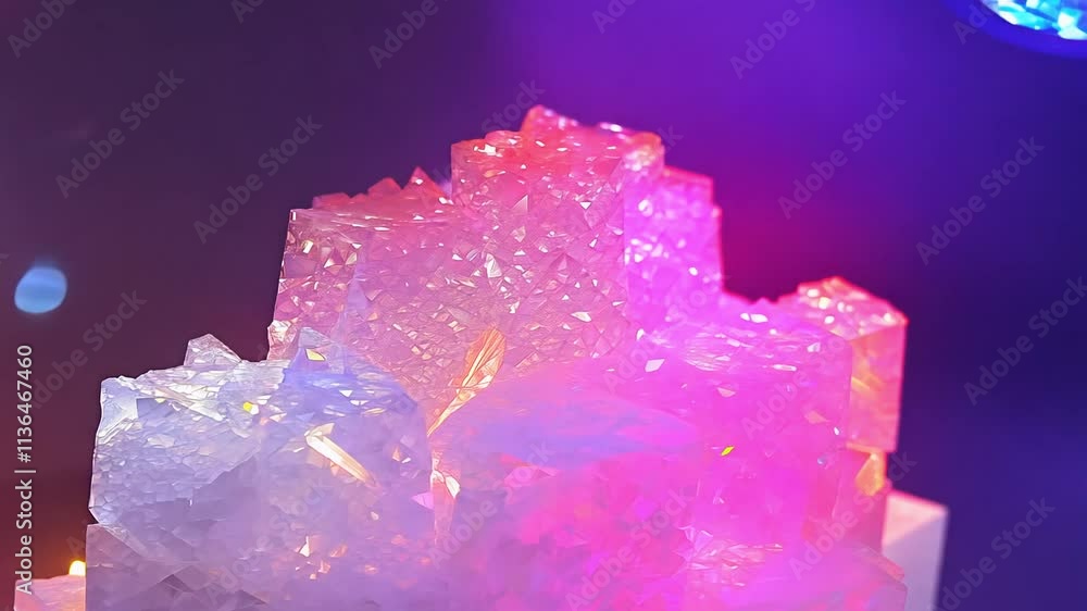 Poster timelapse video captures growing salt crystal texture with cubic crystalline patterns and rotating c