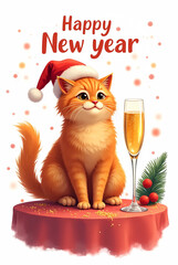Illustration of a Persian red cat with a flattened face in a Santa Claus hat sitting next to a glass of champagne on a festive table. Happy New Year inscription . The picture does not go beyond the fr