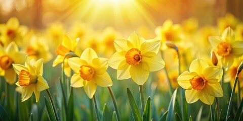 Obraz premium Golden daffodils bathed in sunlight, a vibrant spring scene of joyful blooms in a field