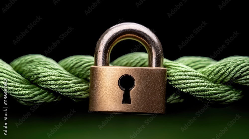 Poster secure lock on green rope preventing access abstract concept dark background close-up view for secur