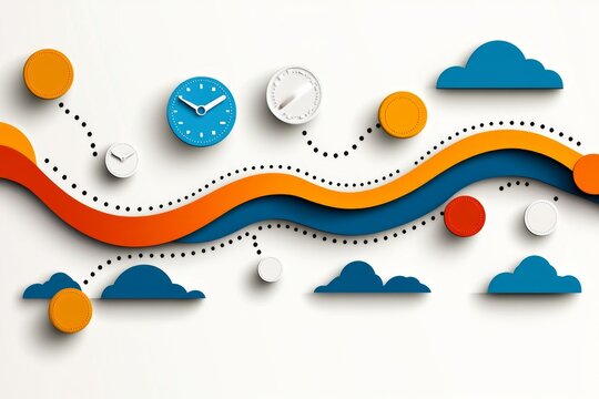 An abstract representation of a timeline with icons for major technological milestones in bold colors