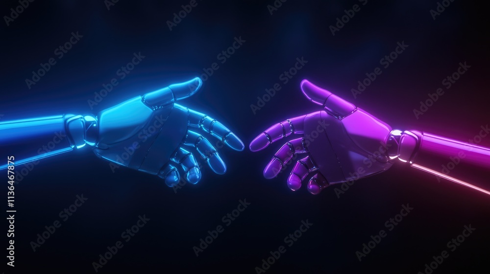 Poster futuristic interaction between robotic hands virtual space digital art tech environment close-up vie