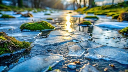 Fototapeta premium Icy Streambed Path at Sunset with Mossy Rocks