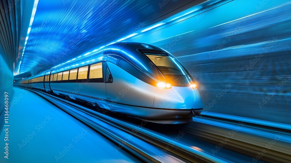 Poster modern high speed train moving in tunnel with motion blur effect
