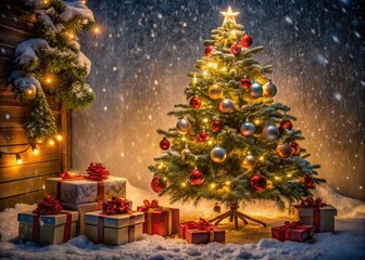 Cozy Christmas Scene: Falling Snow, Decorated Tree, Wrapped Gifts - Holiday Photography