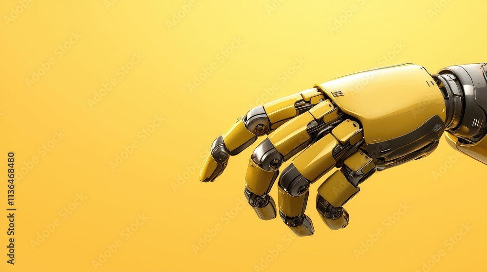 Poster exploring robotic innovation mechanical hand technology digital space visual content futuristic envi