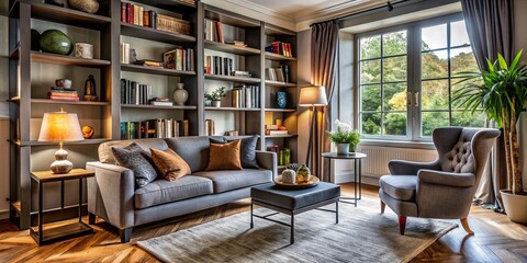 Cozy Grey Armchair Living Room Interior Design - Black Shelves Home Decor Photo