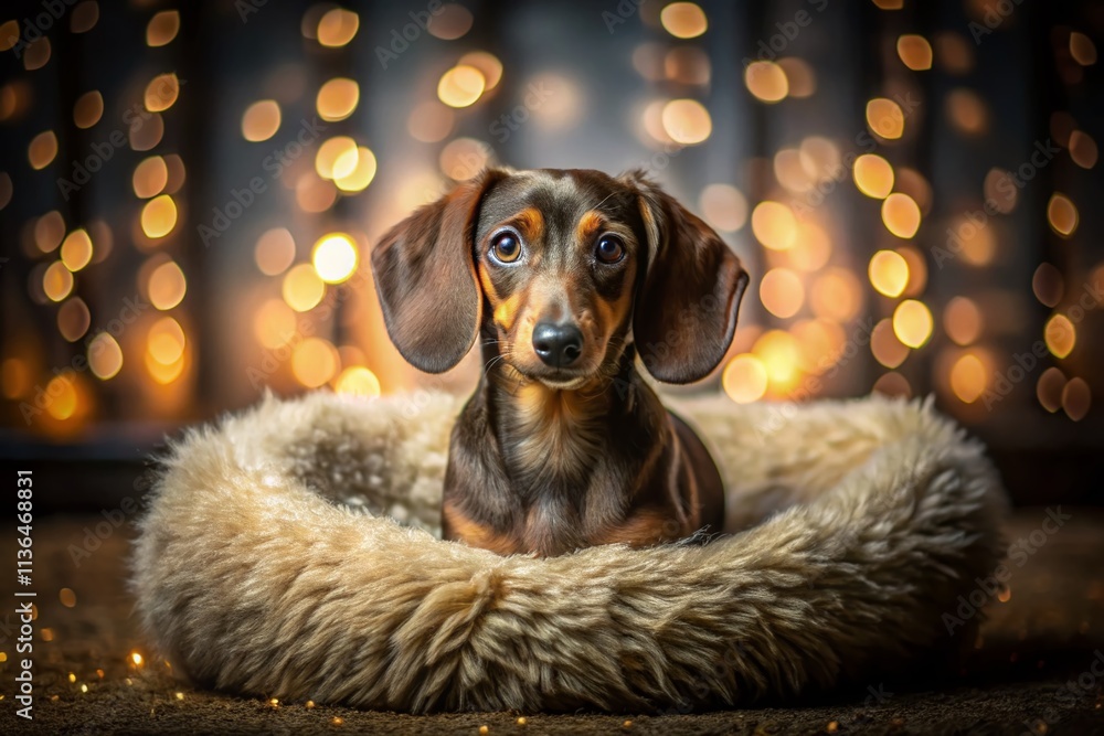 Poster cozy mini dachshund relaxing on fluffy yarn recliner in a dim hallway with bokeh effect creating a d